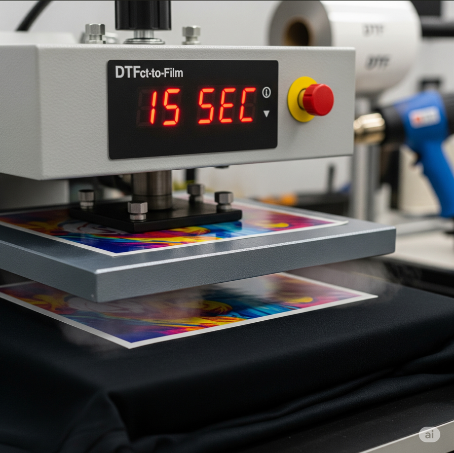 DTF transfer printing machine pressing vibrant design onto fabric, timer set to 15 seconds