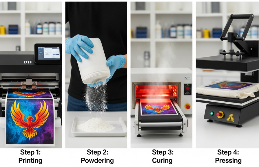 DTF transfer printing process with printing, powdering, curing, and pressing steps