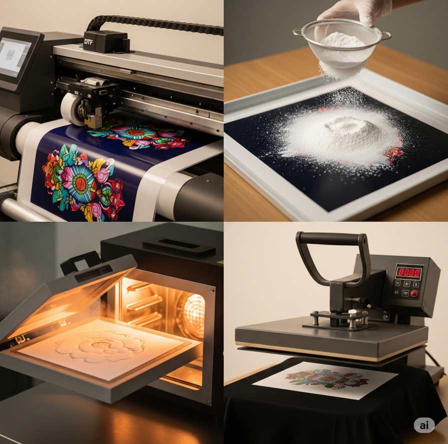 DTF printing process with printer, powder application, curing, and heat press steps
