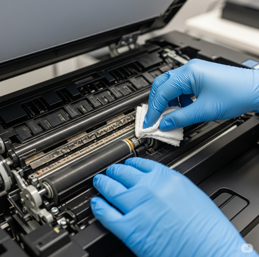Gloved hands cleaning a DTF printer roller for optimal print quality and maintenance