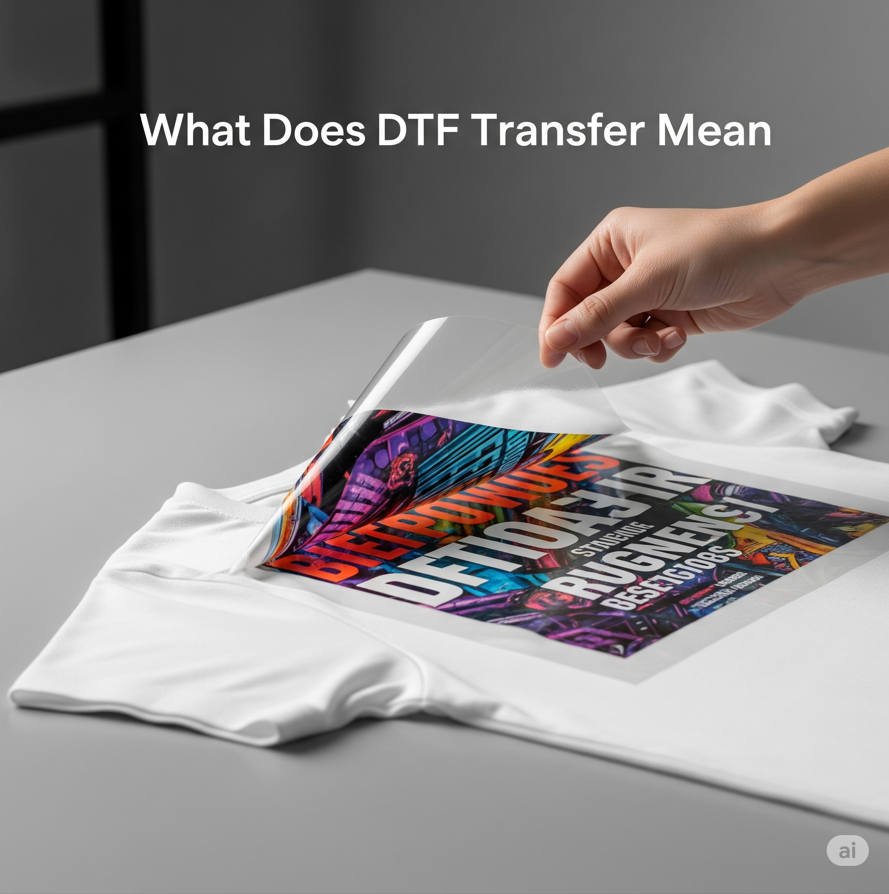 Hand peeling DTF transfer film from a vibrant printed design on a white t-shirt