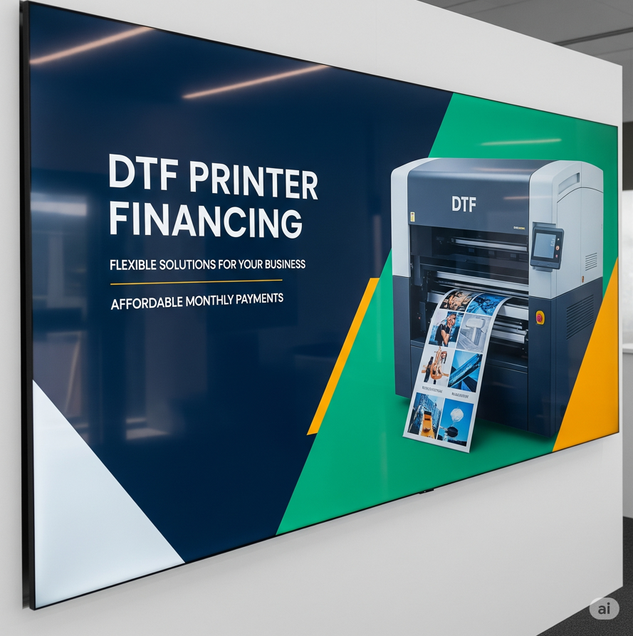 DTF printer on display with financing offer, flexible payment solutions for printing businesses