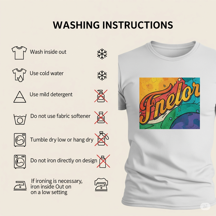 DTF transfer t-shirt with colorful graphic and washing instructions for garment care.