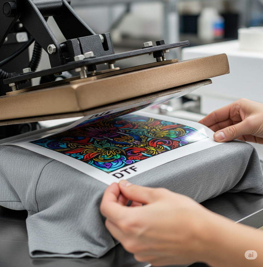 Applying vibrant DTF transfer to gray shirt with heat press machine