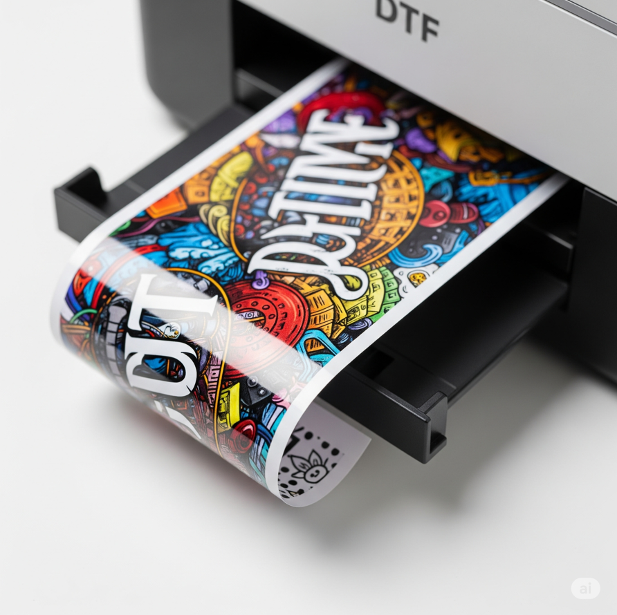 DTF printer printing vibrant, colorful custom transfer design sheet