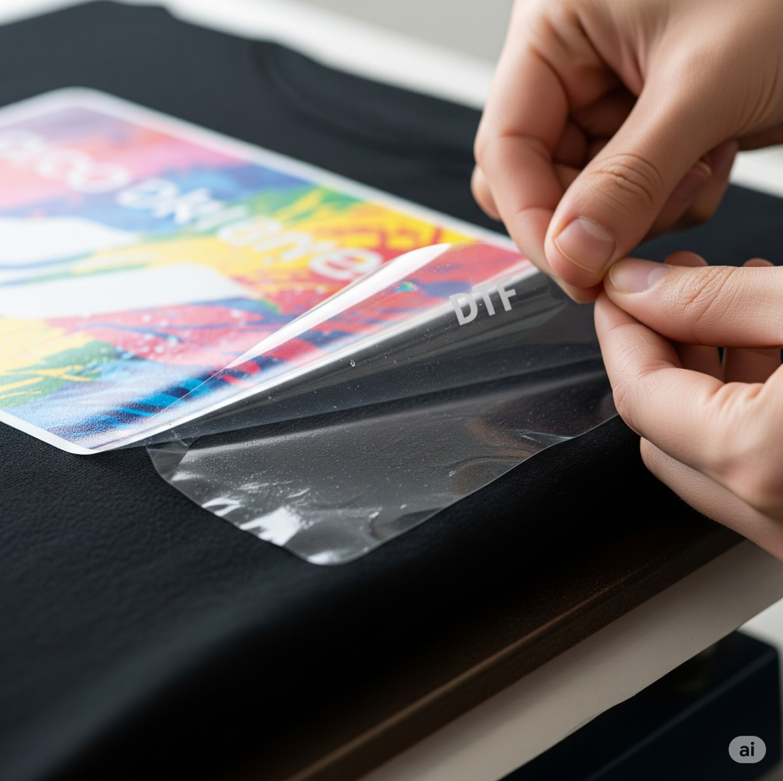 Peeling DTF transfer film from a vibrant printed design on a black shirt