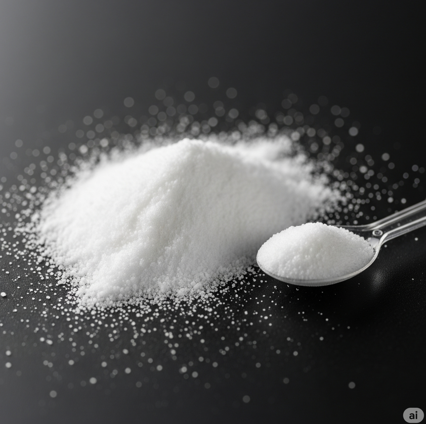 White powder and granules on a spoon and black surface, DTF transfer powder close-up