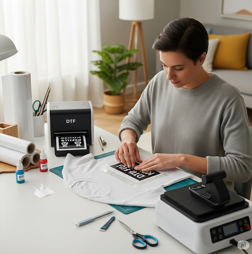 Woman applying DTF transfer to t-shirt using heat press in workspace with printer and supplies