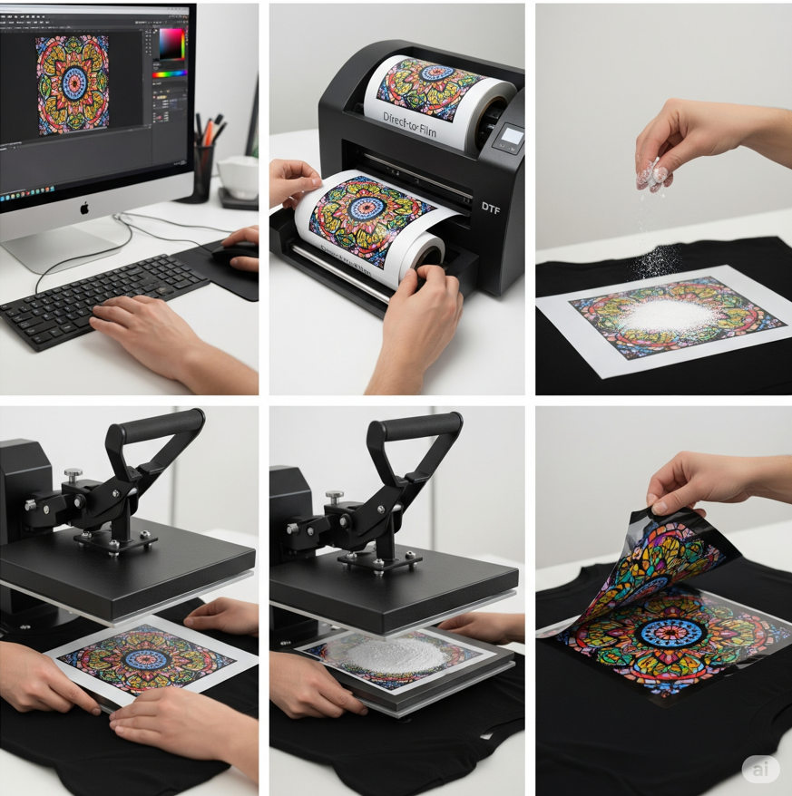 DTF transfer printing process for vibrant, colorful t-shirt design, step by step