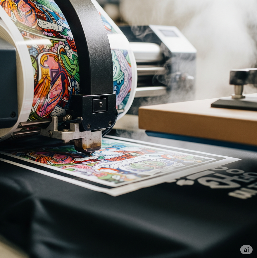 DTF transfer printing machine applying vibrant custom design onto fabric
