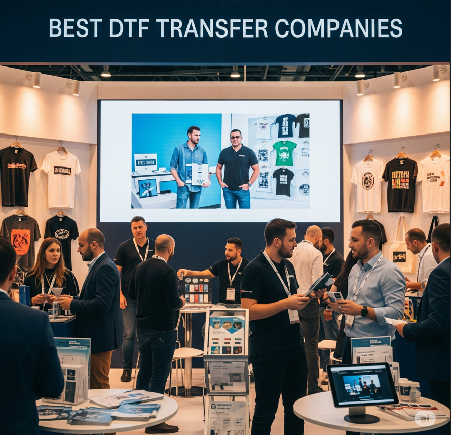 DTF transfer companies expo booth with people discussing custom DTF transfers and printed shirts