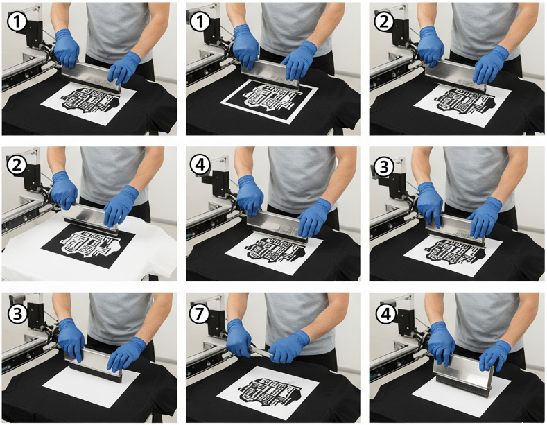 Step-by-step DTF transfer printing process on t-shirts using a heat press and blue gloves