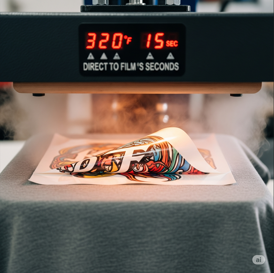 DTF transfer heat press printing vibrant design on fabric, 320°F, 15 seconds timer visible