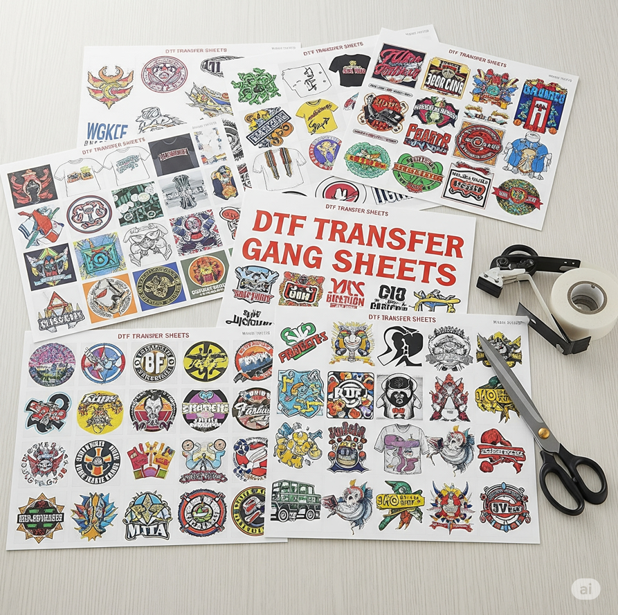 Multiple colorful DTF transfer gang sheets with vibrant designs, scissors and tape nearby