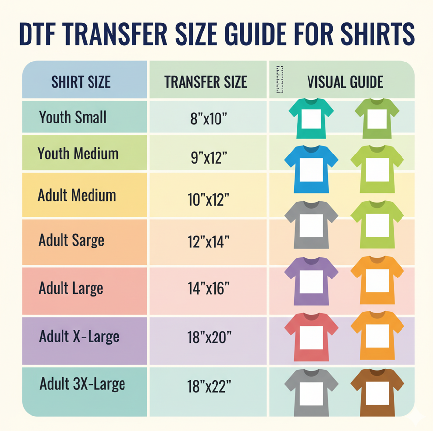 DTF transfer size guide chart for shirts, showing shirt sizes with matching transfer dimensions and visuals.