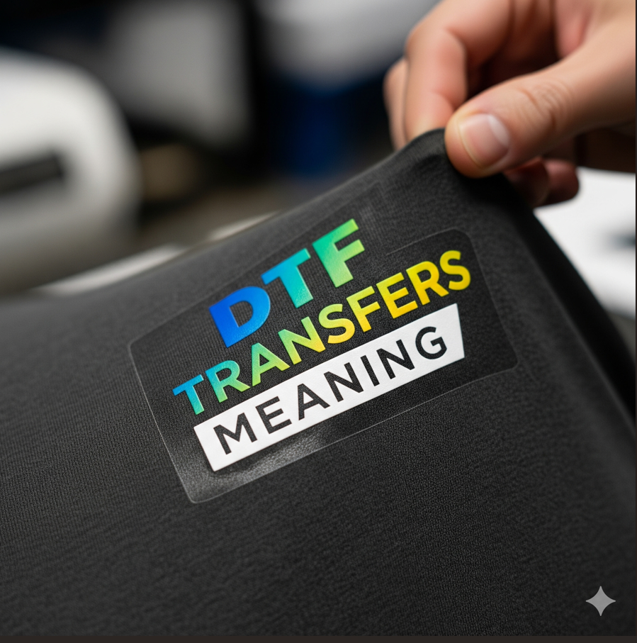 Hand holding black fabric with colorful DTF transfers design and MEANING text label