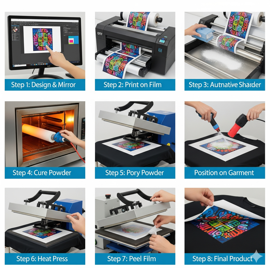 Step-by-step DTF transfer process for vibrant shirt printing, from design to finished garment.