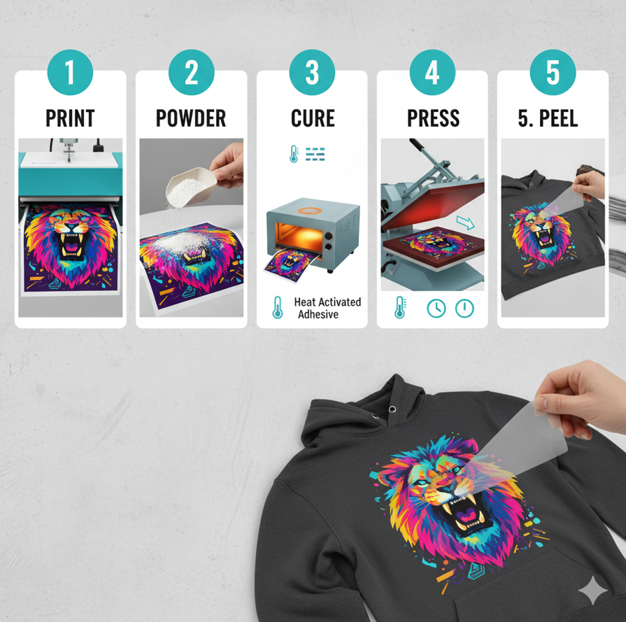 DTF transfer application steps showing a colorful lion print on a hoodie, including print, powder, cure, press, peel