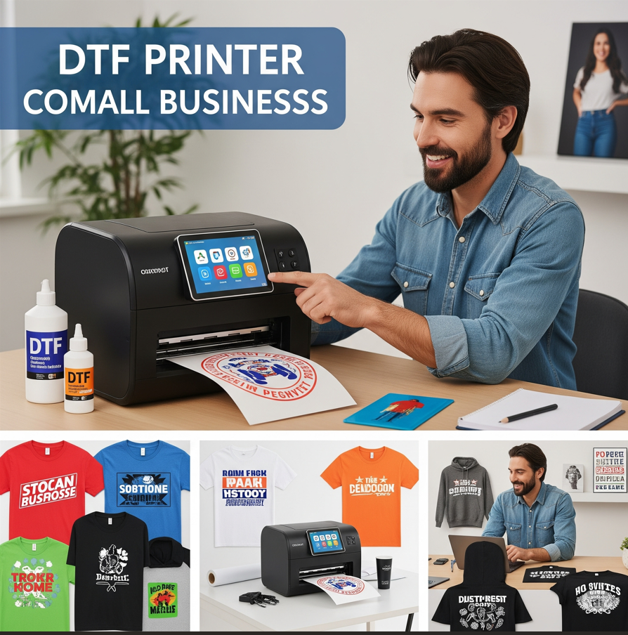 Man using DTF printer for custom t-shirt transfers, UV DTF inks, and gang sheets display