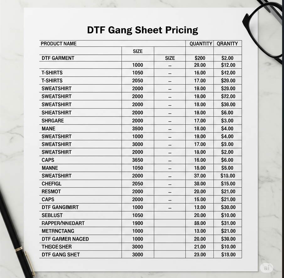DTF gang sheet pricing list for custom transfers on white marble desk with glasses and pen
