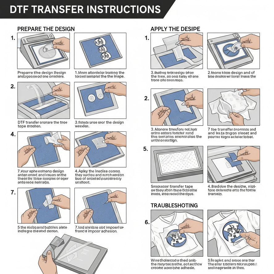 Illustrated DTF transfer instructions, showing hands applying and peeling transfer designs onto fabric using heat press, tools, and tape.