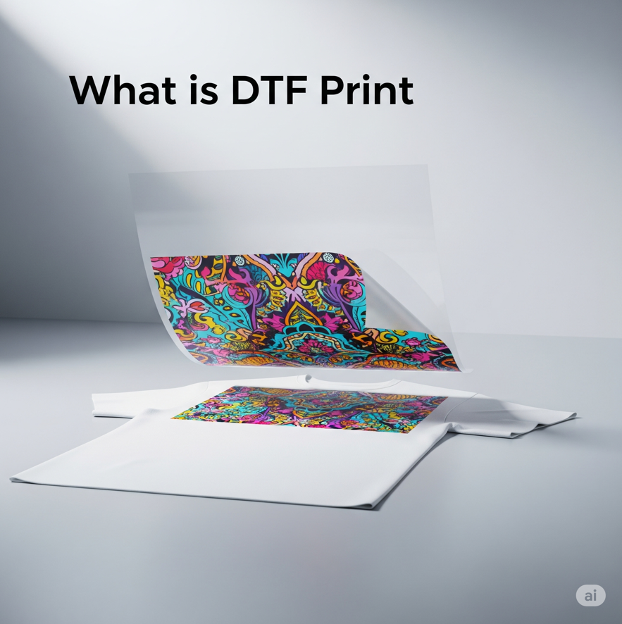 DTF transfer applying colorful, detailed design onto white t-shirt on light background