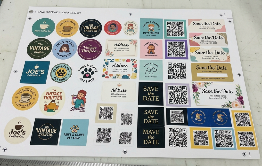 DTF gang sheet with custom logos, QR codes, labels, and sticker-style designs