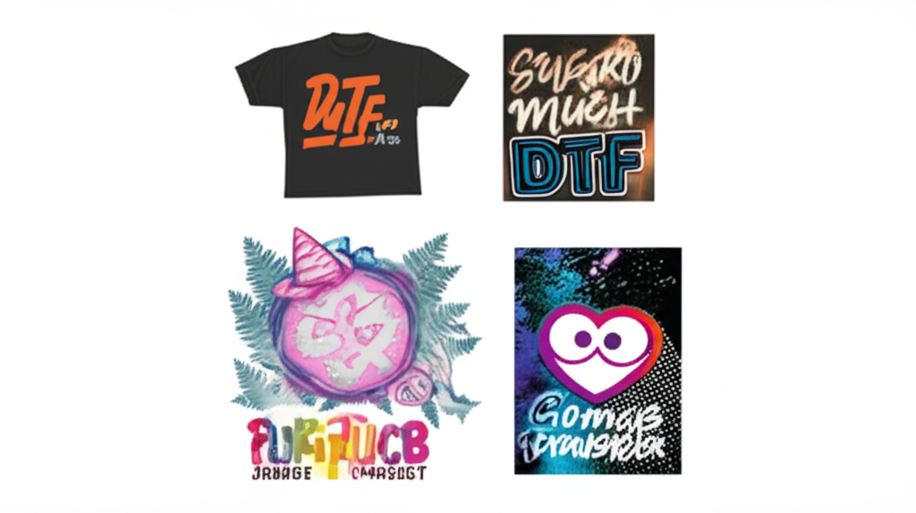 DTF transfer designs featuring bold typography, colorful graphics, and custom illustrations