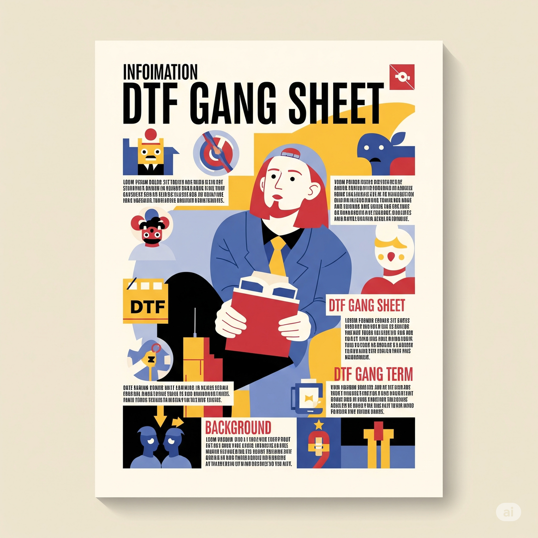 Colorful infographic poster about DTF gang sheet, showing illustrated person, icons, and text