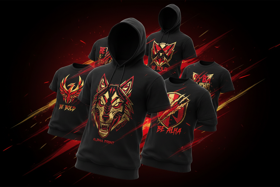 Black hoodies and T-shirts with bold custom Alpha Print designs