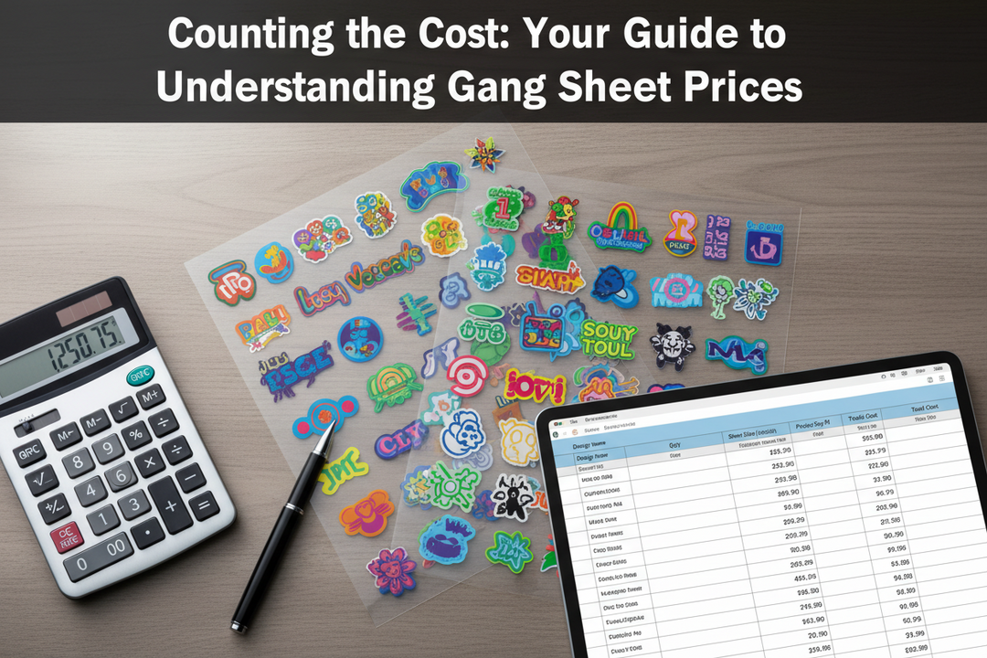 Gang sheet pricing guide with colorful transfer designs, calculator, and cost spreadsheet.