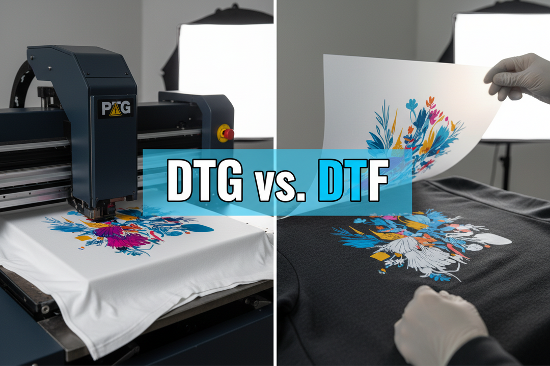 DTG vs DTF printing comparison showing direct garment printing and transfer application on custom apparel