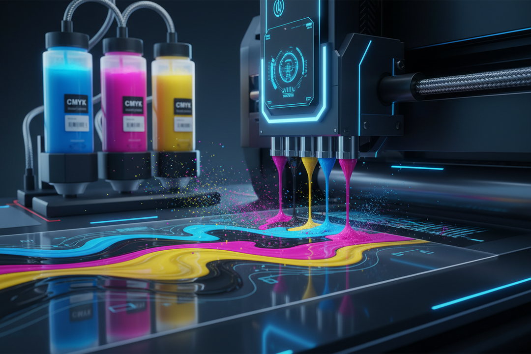 A futuristic DTF printing machine applying vibrant CMYK ink onto transfer film.