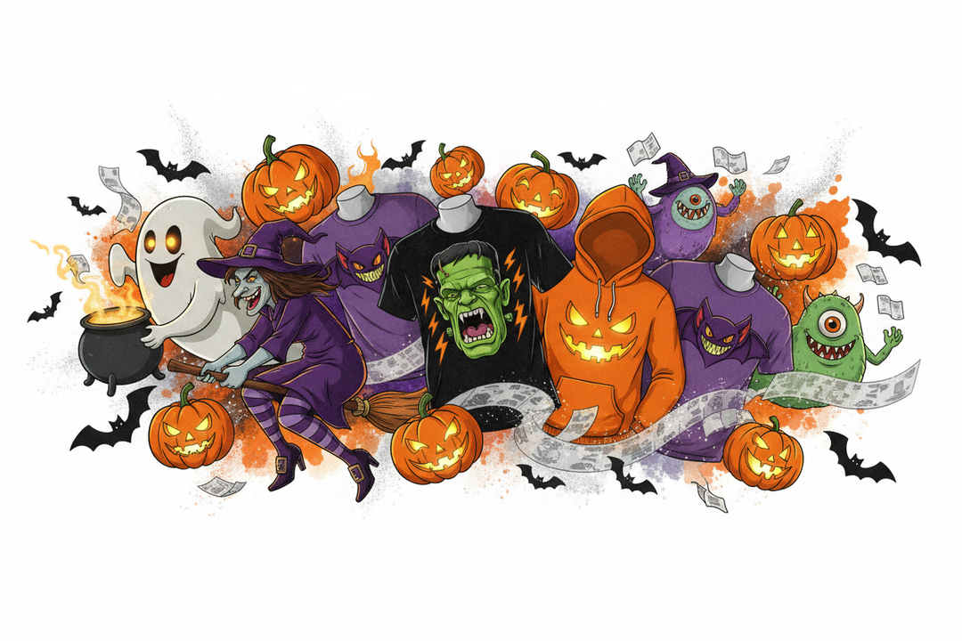 Halloween-themed custom apparel designs featuring pumpkins, ghosts, monsters, and spooky graphic t-shirts and hoodies