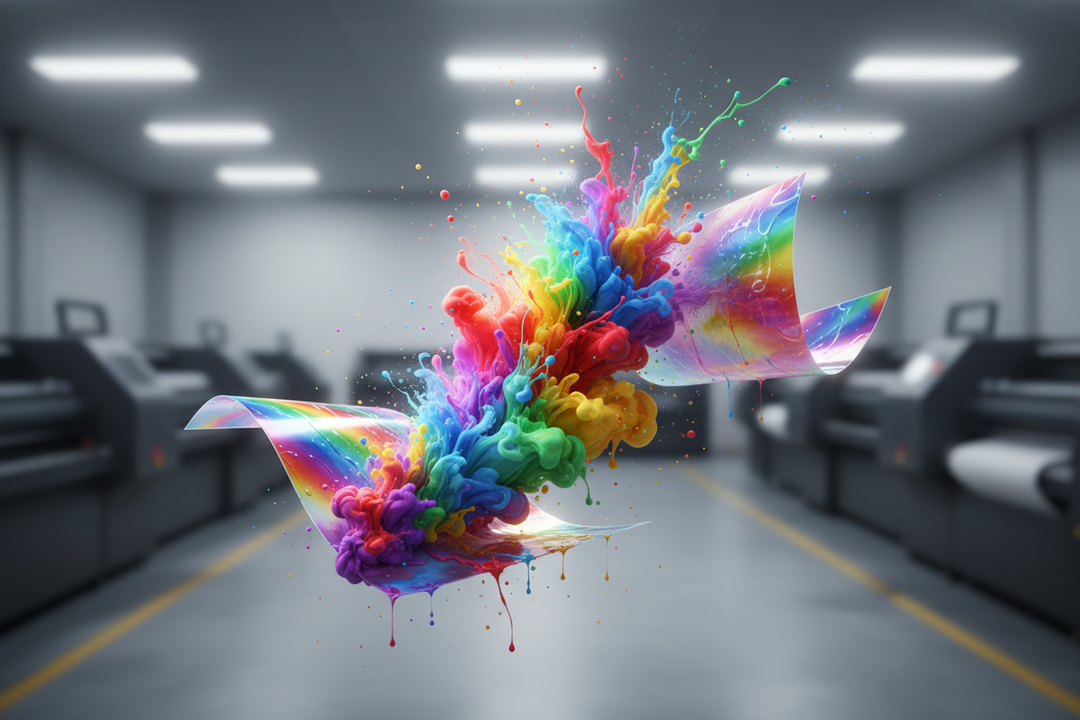 Colorful ink splash on transfer film inside a modern DTF printing workshop.