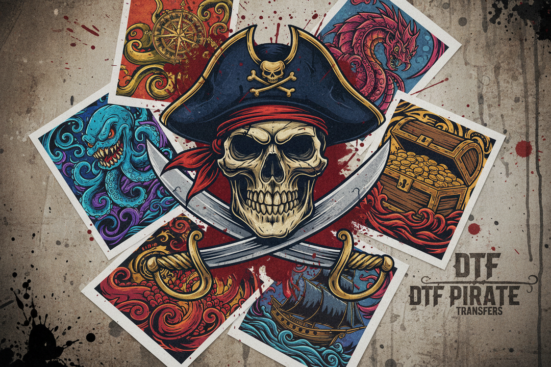 Pirate-themed DTF transfer artwork featuring a skull captain, crossed swords, treasure chest, sea monster, and vintage nautical designs.