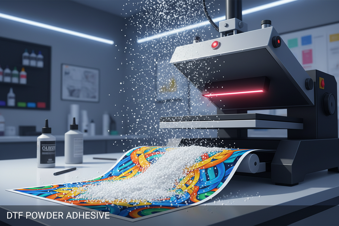 DTF powder adhesive application process with heat press machine and colorful transfer film design