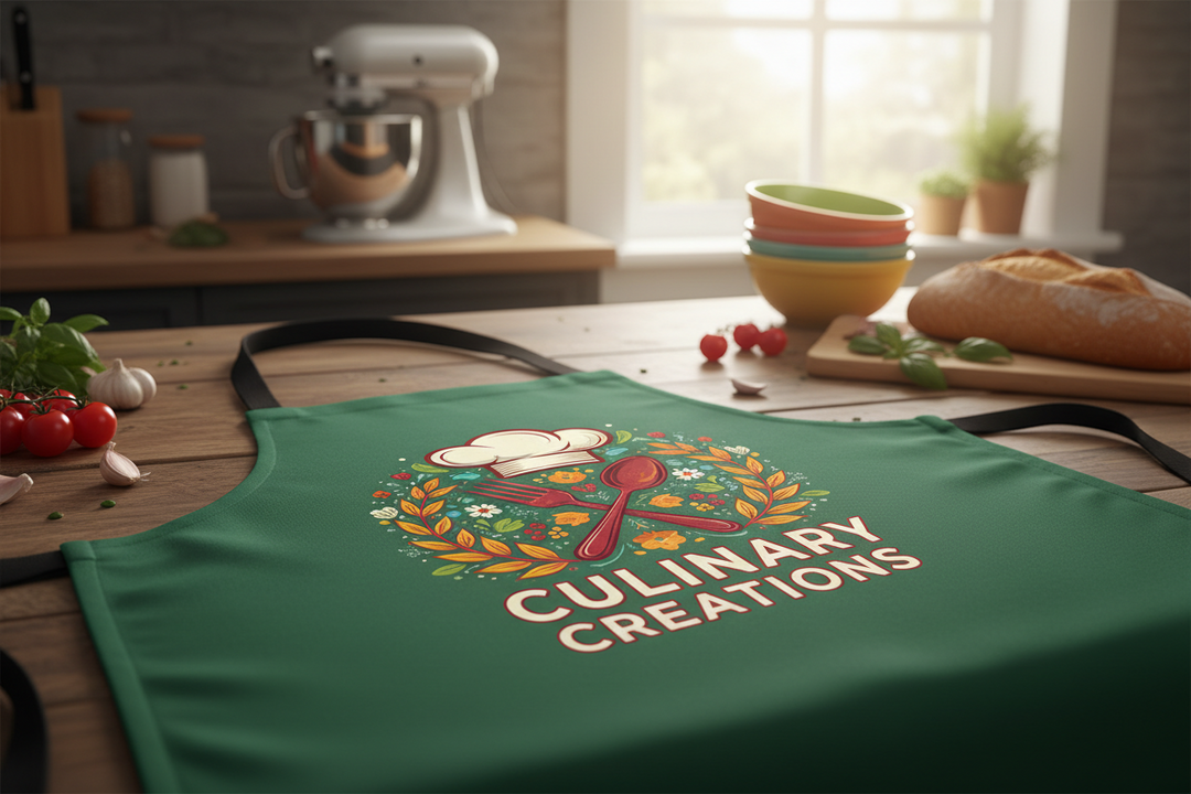 Custom culinary-themed apron with colorful kitchen design displayed in a cozy home cooking setting.