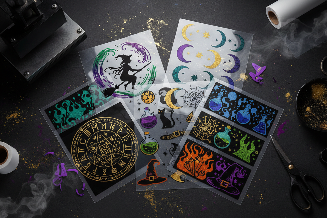 Colorful Halloween-themed DTF transfer designs with witches, potions, moons, and magical symbols.