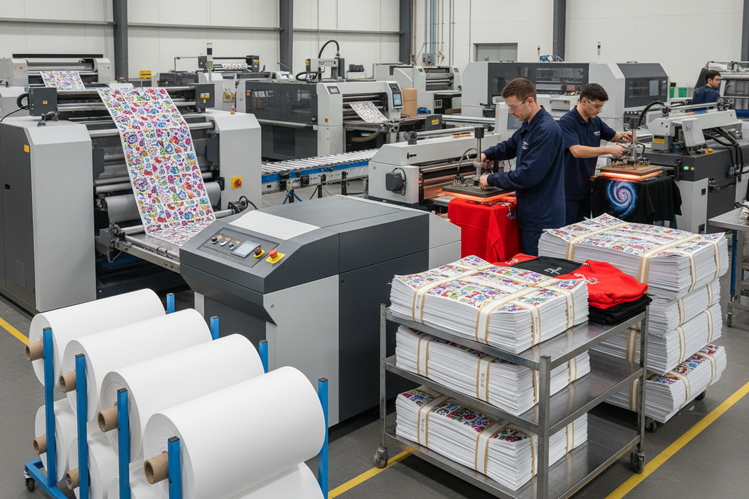 Large-scale DTF printing production facility with roll printers, stacked transfer sheets, and workers applying colorful designs to custom apparel.