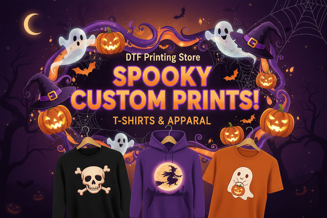 Halloween-themed custom DTF apparel designs with ghosts, pumpkins, and spooky graphics