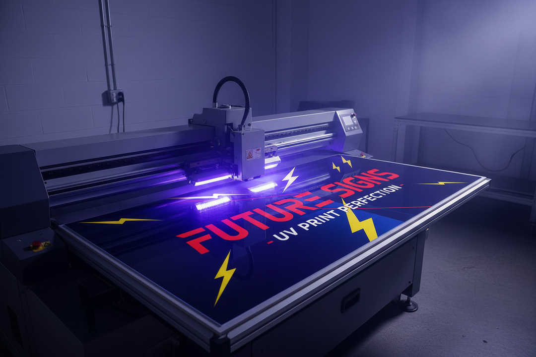 UV printing machine creating a vibrant custom sign with glowing print technology.