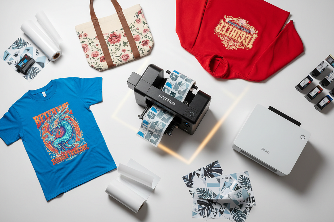 DTF printing setup with custom apparel, tote bag, and transfer sheets