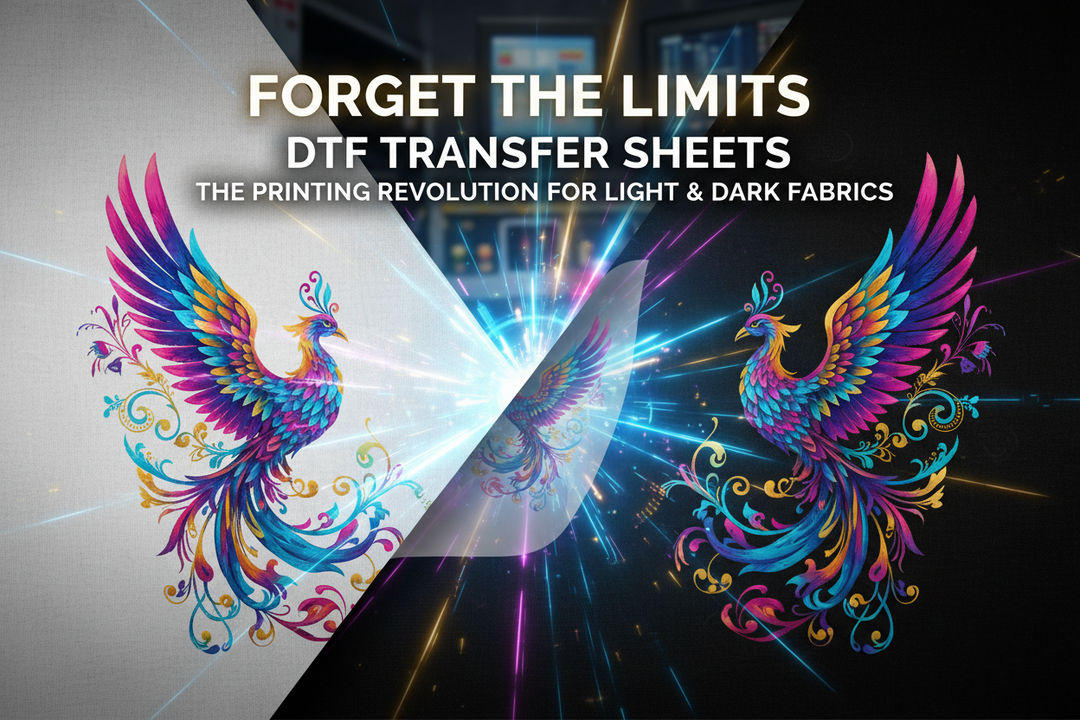 Colorful DTF transfer sheet peeling process with vibrant phoenix designs on light and dark fabrics