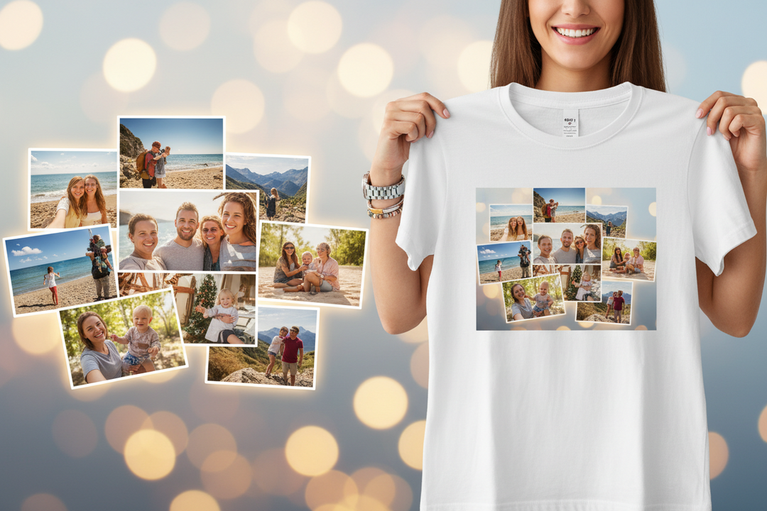 Custom photo collage printed on a white T-shirt
