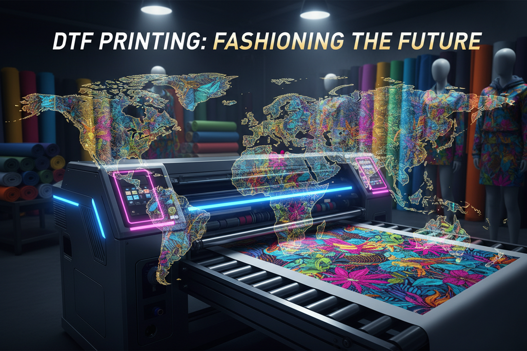 Futuristic DTF printing machine with colorful textile designs and global fashion technology concept
