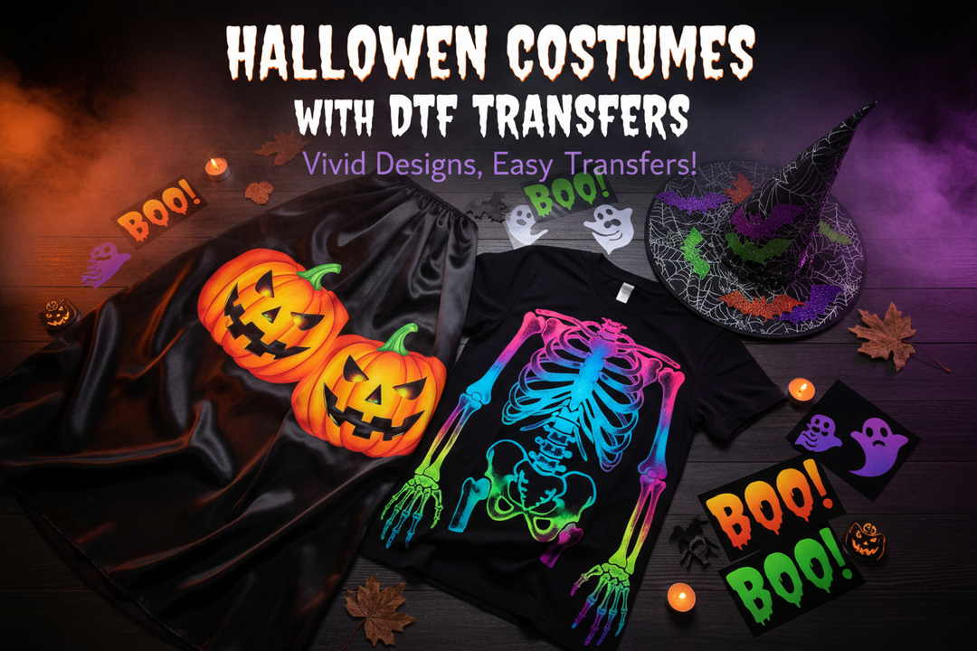 Halloween costume designs with colorful DTF transfers, pumpkins, and spooky apparel