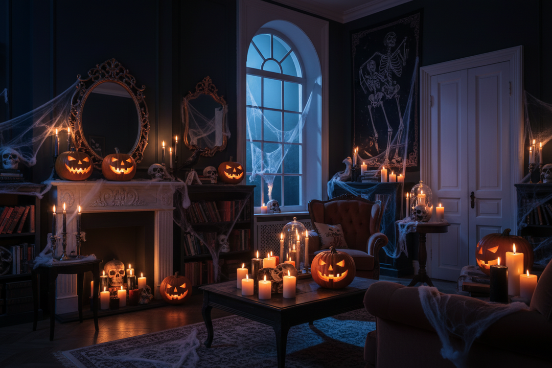 Spooky Halloween living room decorated with glowing pumpkins, candles, cobwebs, and eerie gothic atmosphere.
