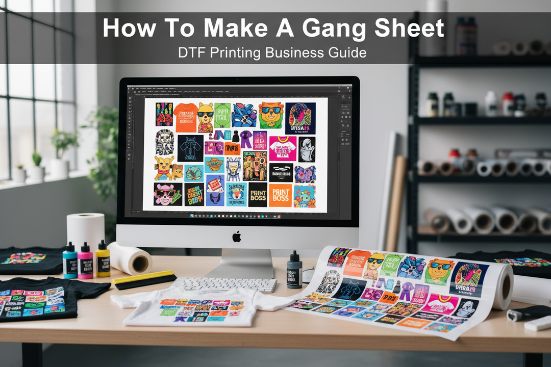 DTF gang sheet design setup displayed on a computer screen with colorful transfer layouts and printing supplies.
