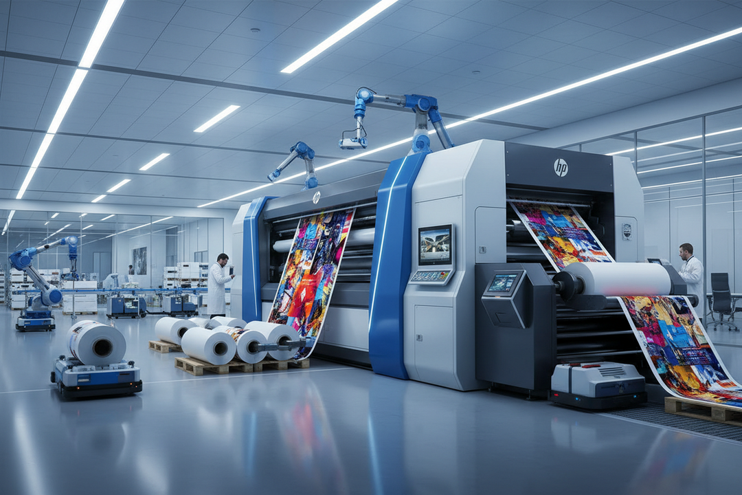 Industrial DTF printing machines producing large-format custom transfer prints in a modern factory